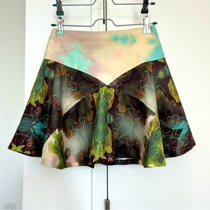 Astier High Waist Peacock and Cloud Print Flowy Mini Skirt